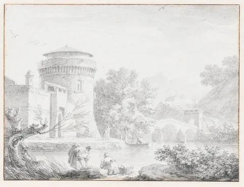 Joseph Vernet, Paysage d?Italie, lavandiŠres … la riviŠre, chalk, ink, and ink wash on laid paper