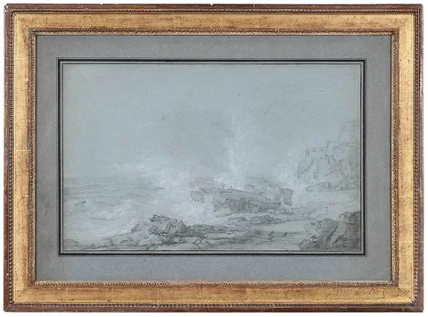 Joseph Vernet, La Vague, possibly a study for A Storm with a Shipwreck, 1754, black and white chalk on blue laid paper