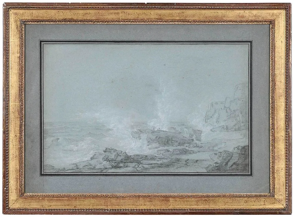 Joseph Vernet, La Vague, possibly a study for A Storm with a Shipwreck, 1754, black and white chalk on blue laid paper