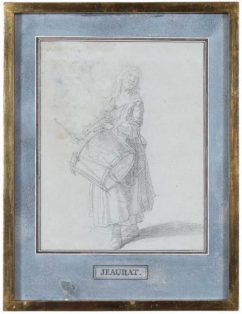 Étienne Jeaurat, Woman with a Drum, charcoal on light blue laid paper