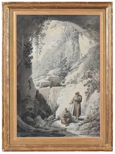 Deux moines dans une grotte by Jean Antoine Constantin, ink and ink wash on pencil, sold Feb 2022