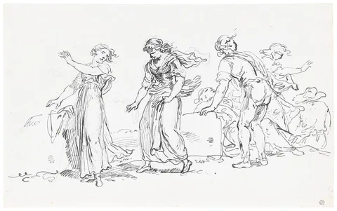 Personnages f‚minins dansant by Jean Antoine Constantin, ink over pencil on laid paper, sold Feb 2022