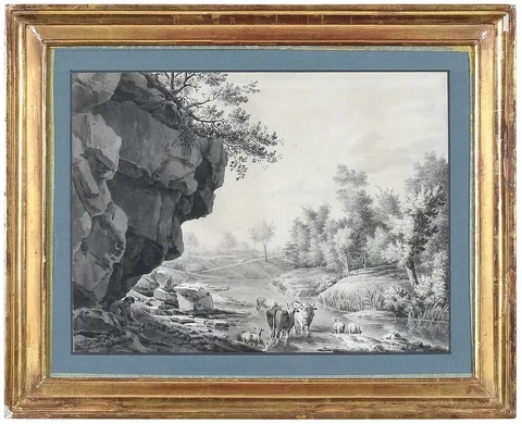 Berger et son troupeau dans un paysage by Jean Antoine Constantin, ink wash on pencil, sold Feb 2022