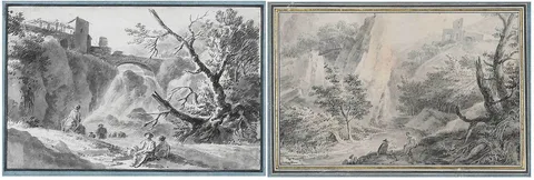 Two Landscapes with Figures by a River, each by Jean Antoine Constantin, ink and ink wash on laid paper, sold Feb 2022