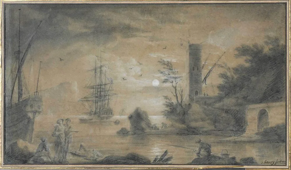Henry d'Arles, Mediteranean Coast Scene at Night, in the manner of Vernet (1714-1789), charcoal and chalk