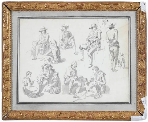 Personnages en costumes paysans by Jean Antoine Constantin, pen and ink, sold Feb 2022