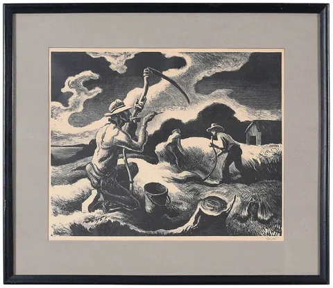 Island Hay by Thomas Hart Benton, 1945, lithograph, sold Feb 2022