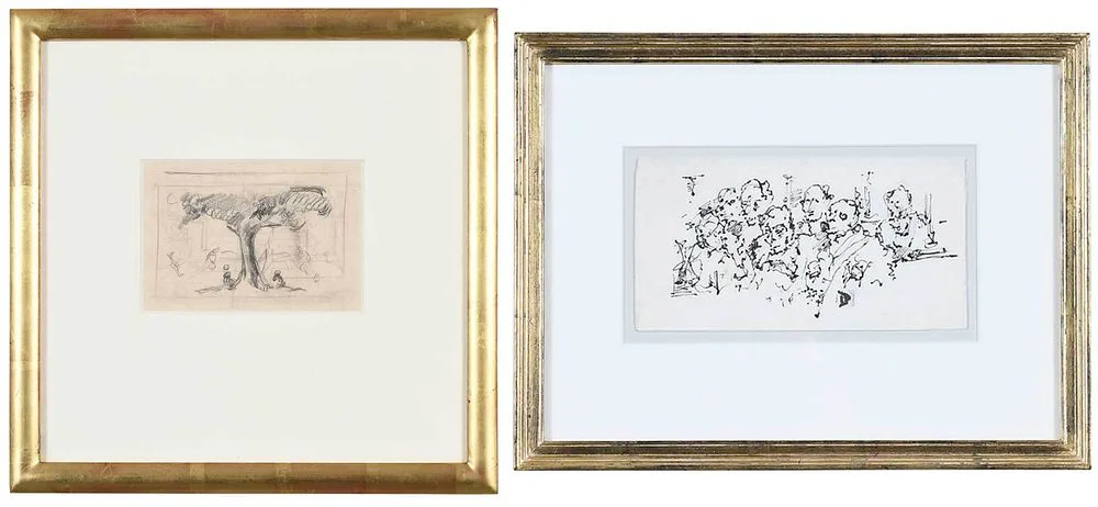 Two framed sketches: Figures under a tree, not apparently signed by Lamar Dodd, pencil on paper, sold Feb 2022