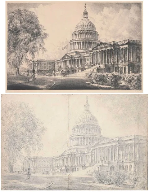 United States Capitol by Louis Orr, 1920, pencil on two joined sheets, sold Feb 2022