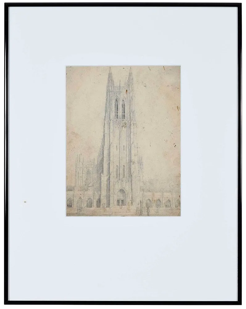 Duke University Chapel, not apparently signed by Louis Orr, graphite on paper, sold Feb 2022