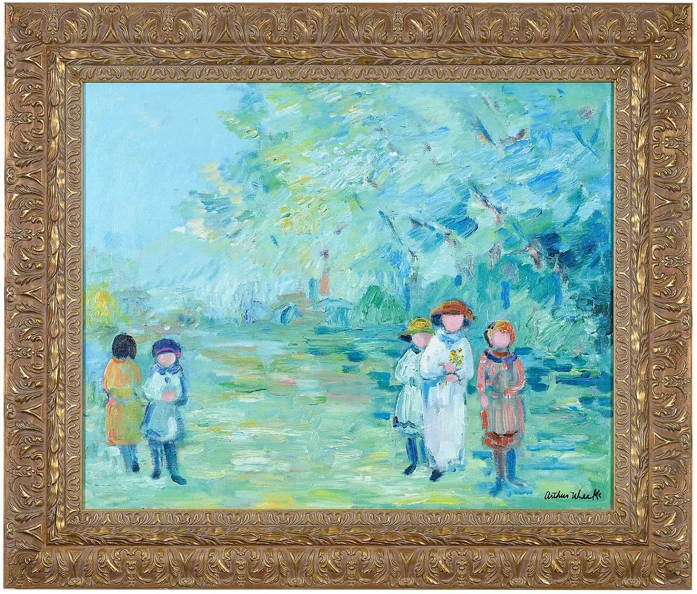 Blue Green Landscape with Figures by Arthur Weeks, oil on canvas, sold Dec 2021