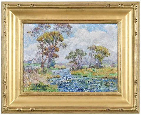 Helen Hamilton, Summer Landscape with Stream, oil on board