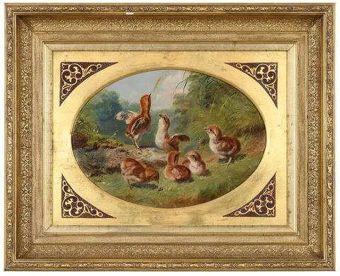 Ruffed Grouse Chicks by Arthur Fitzwilliam Tait, 1860, oil on board, sold Dec 2021