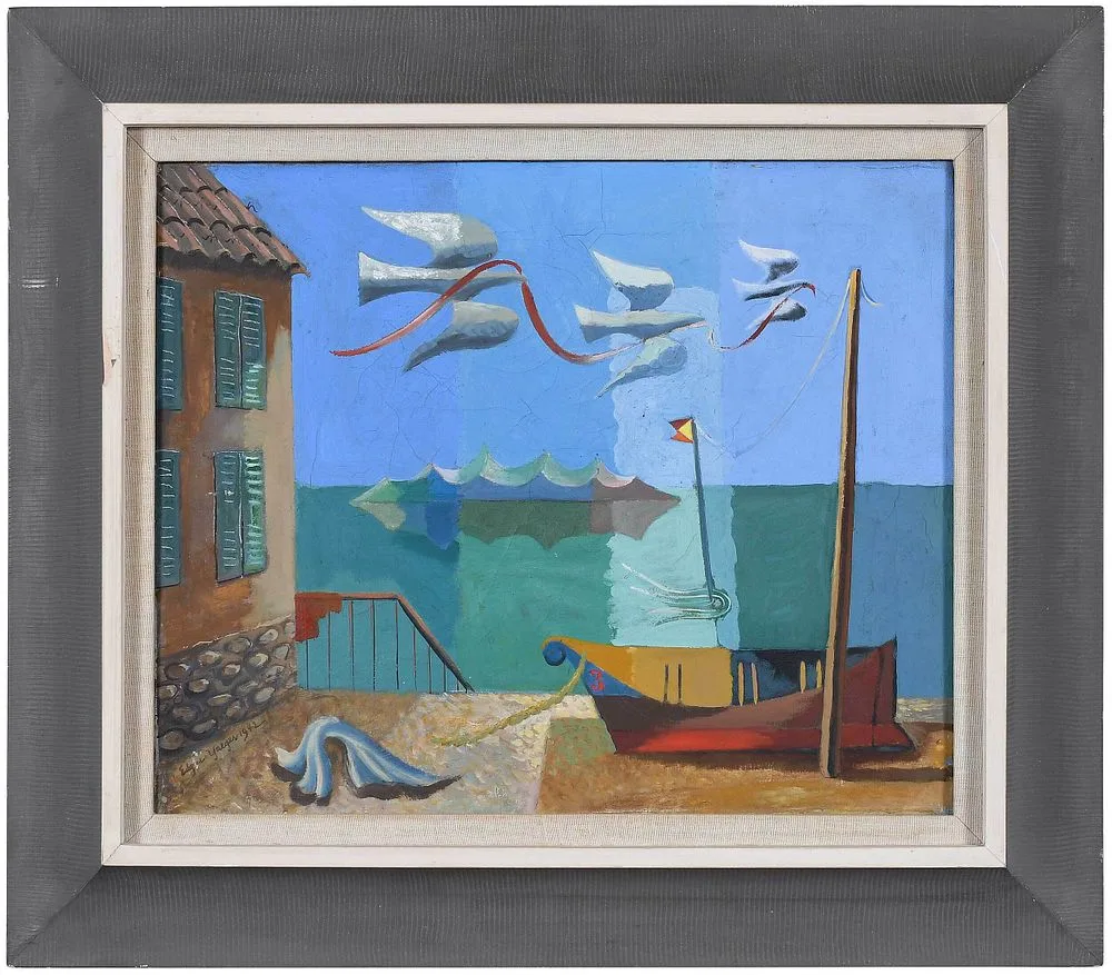 Doves Carrying Ribbon by Edgar Louis Yeager, 1942, oil on canvas, sold Dec 2021