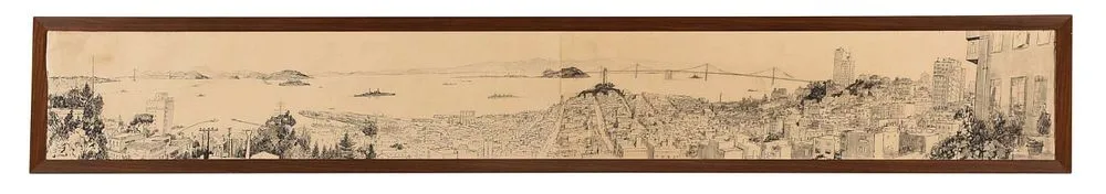 James McBey, World War II Era View of San Francisco, California, 1941, ink and ink wash on seamed buff paper
