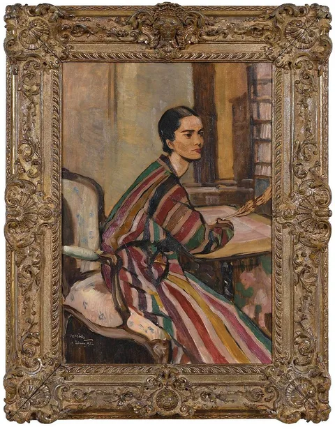 James McBey, Portrait of Marguerite McBey in a Striped Robe, 1932, oil on canvas