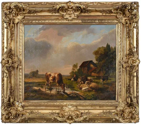 Daniël-Adolphe Roberts-Jones, Pastoral Scene with Livestock and Cottage, partial signature lower right "A...Jone.., oil on canvas