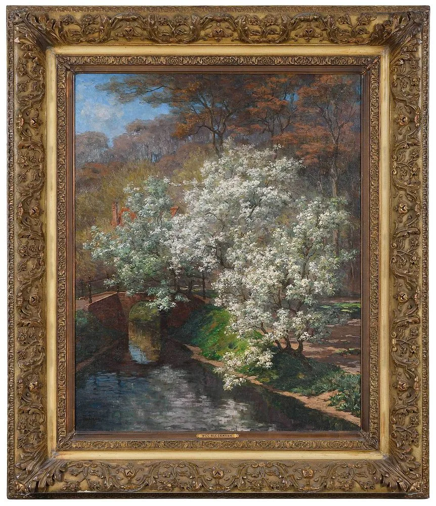 Wilhelm Christiaan Constant Bleckmann, Flowering Trees by a River, oil on canvas