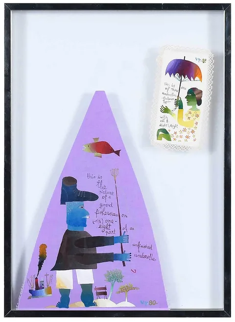 Vjekoslav Vojo Radoičić, Man With Fish Spear/Fish, Lady With Umbrella, both signed and dated VY.80, paint on linen