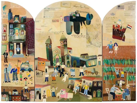 Vjekoslav Vojo Radoičić, Untitled, 1974, mixed media and collage on triptych wood panel