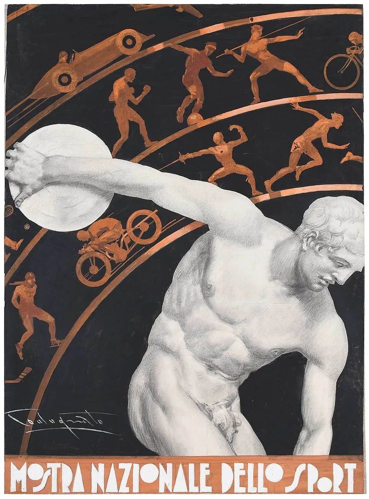 Plinio Codognato, Mostra Nazionale Dello Sport (National Sport Show), circa 1935, gouache and crayon over pencil on paper