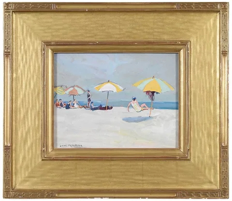 Jane Peterson, Beach Scene, Four Striped Umbrellas, watercolor and gouache on grey paper