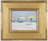 Jane Peterson, Beach Scene, Four Striped Umbrellas