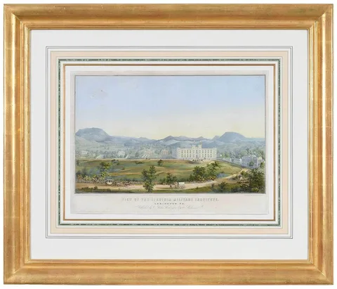 Print of Virginia Military Institute, Sachse, hand-colored lithograph with gum arabic highlights. Baltimore: Sachse & Co. 1853