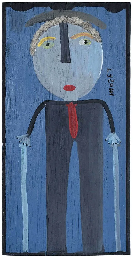 Mose Tolliver, Self Portrait with Crutches, oil on wood with hair