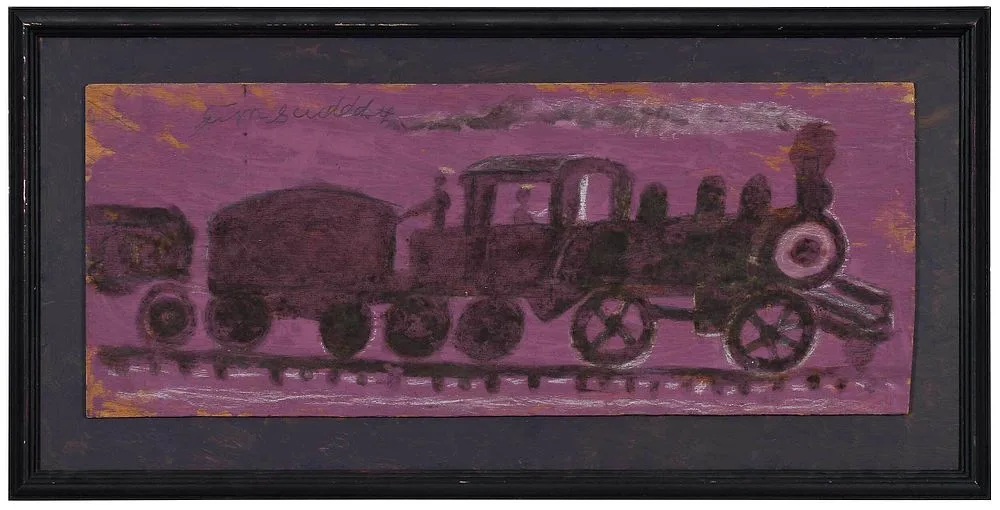 Train by Jimmy Lee Sudduth, circa 1985-1990, mixed media (mud/paint) on board, offered Oct 2021