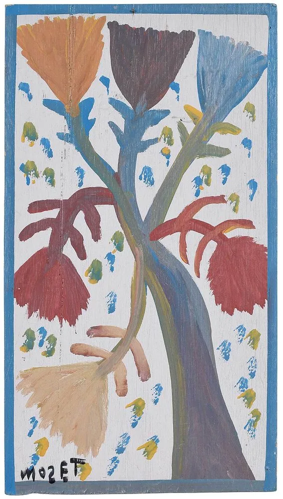 Botanicals by Mose Tolliver, 1983, paint on board, sold Oct 2021