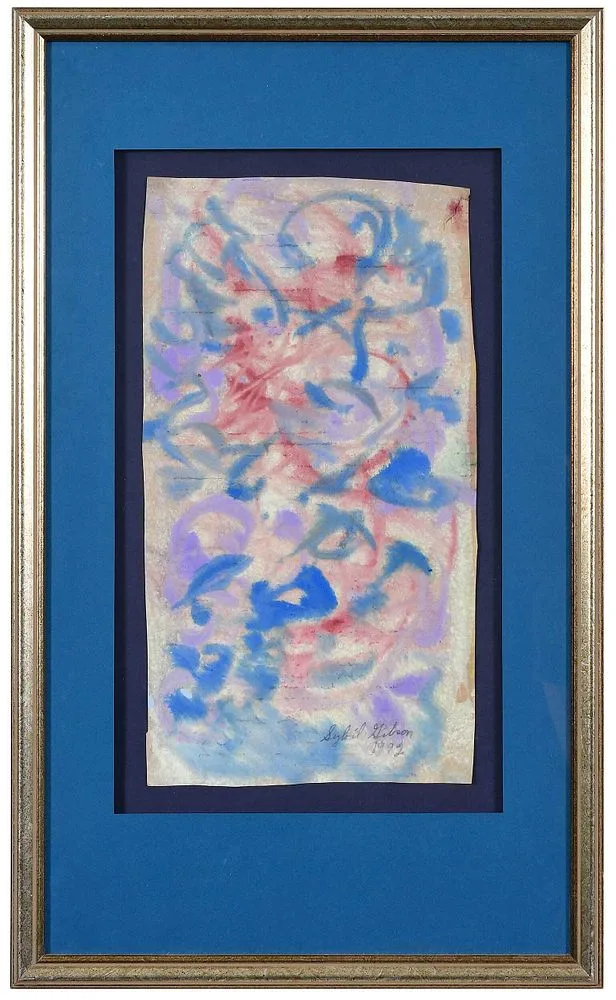 Abstract by Sybil Gibson, mixed media on paper bag, offered Oct 2021