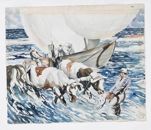 John R. Grabach, Oxen, Boats and Fishermen, watercolor on paper
