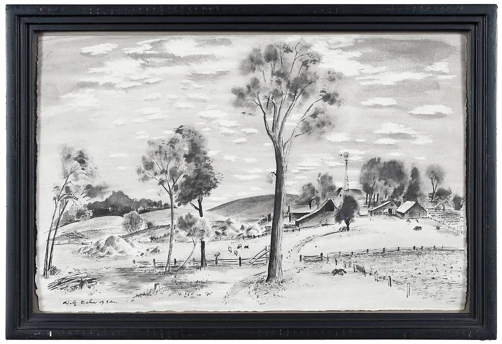 Cannon River Farmyard by Adolf Dehn, 1932, ink on paper, offered Sep 2021