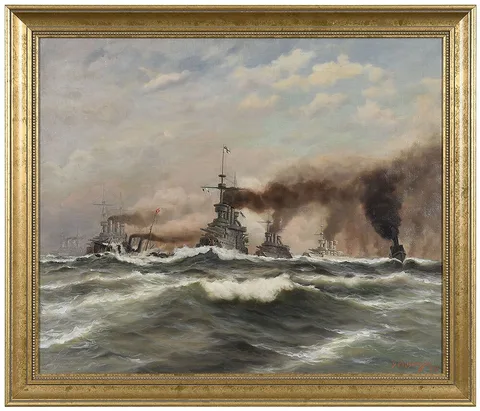 Naval Battle Scene by Richard Dey de Ribcowsky, 1910, oil on canvas, sold Sep 2021