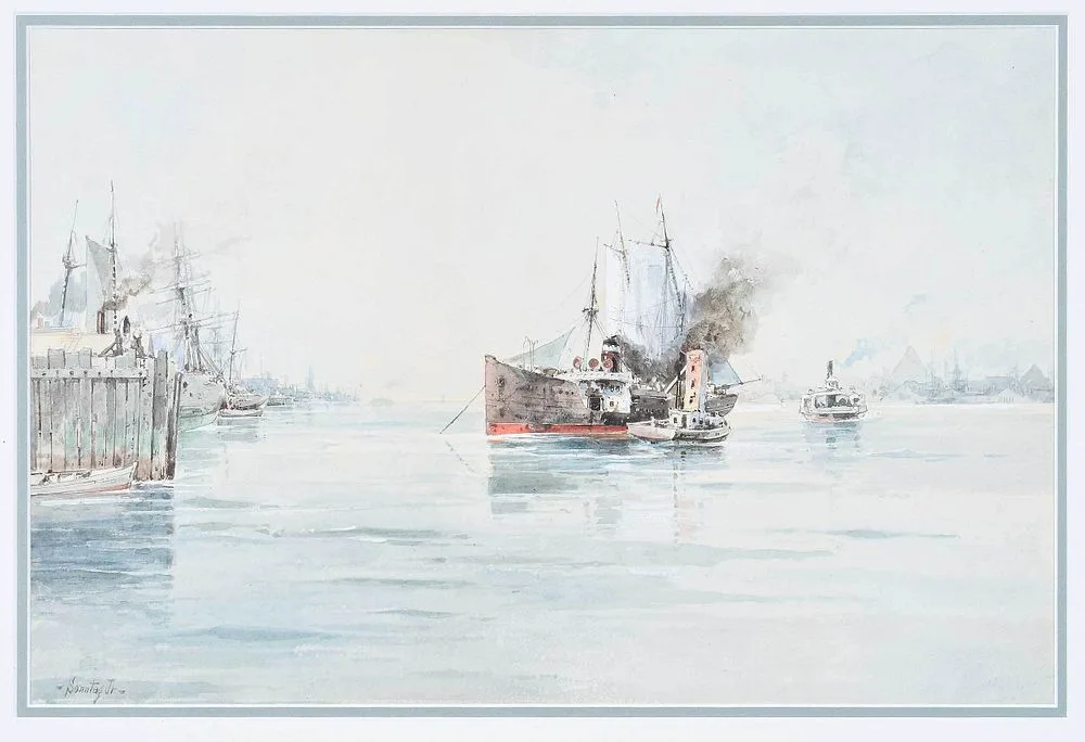 William Sonntag Jr., Harbor Scene, watercolor on buff paper