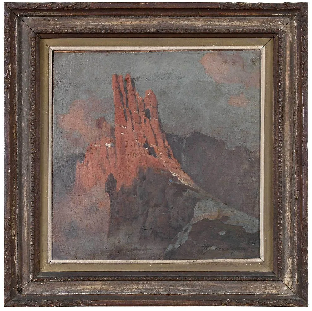 Udericho Giovacchini, Craggy Mountain top at Sunset, oil sketch on verso