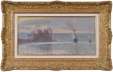 Joseph Delattre, Le Cargo sur La Seine le soir, oil on canvas board with colourman label for "Maison Houzard..Rouen"