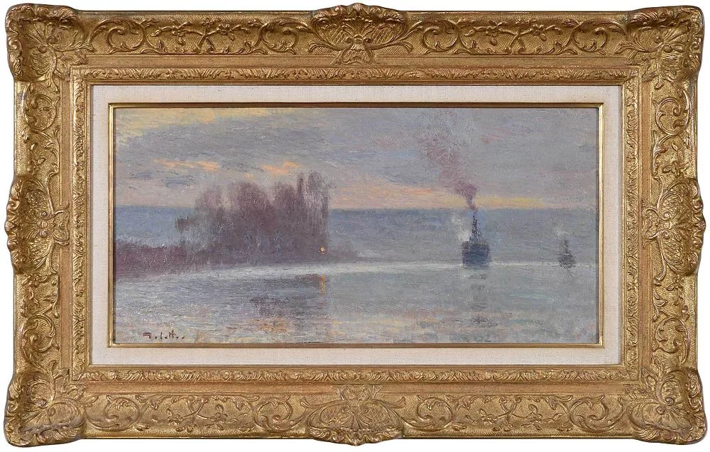 Joseph Delattre, Le Cargo sur La Seine le soir, oil on canvas board with colourman label for "Maison Houzard..Rouen"