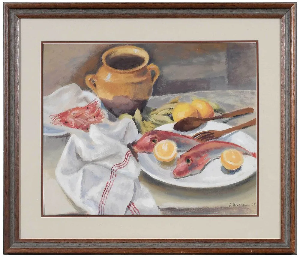 Abrahman Weinbaum, Seafood Still Life, gouache on paper
