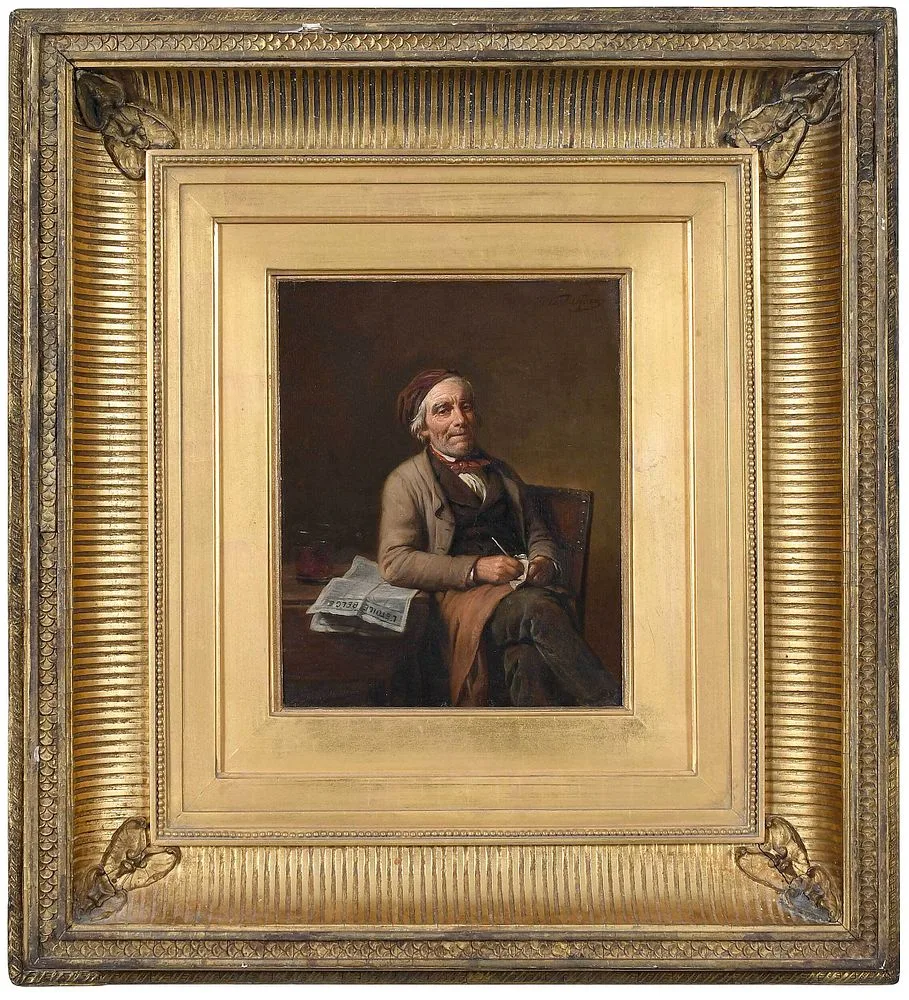 Older Gentleman at a Table with a Paper and a Pint by Fran‡ois Verheyden, oil on panel, sold Sep 2021