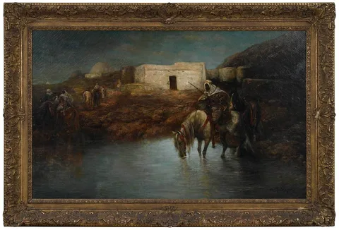 Follow of Christian Adolf Schreyer, Warrior Watering His Horse, oil on canvas