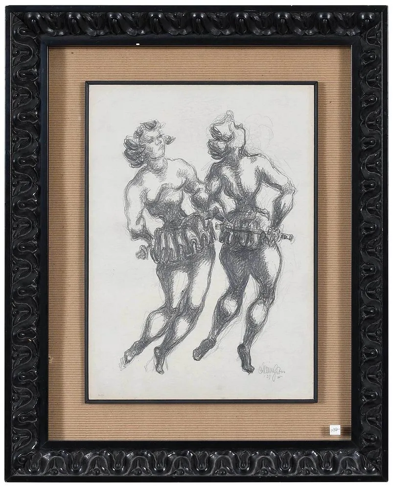 Two Dancers by Chaim Gross, pencil on board, sold Sep 2021