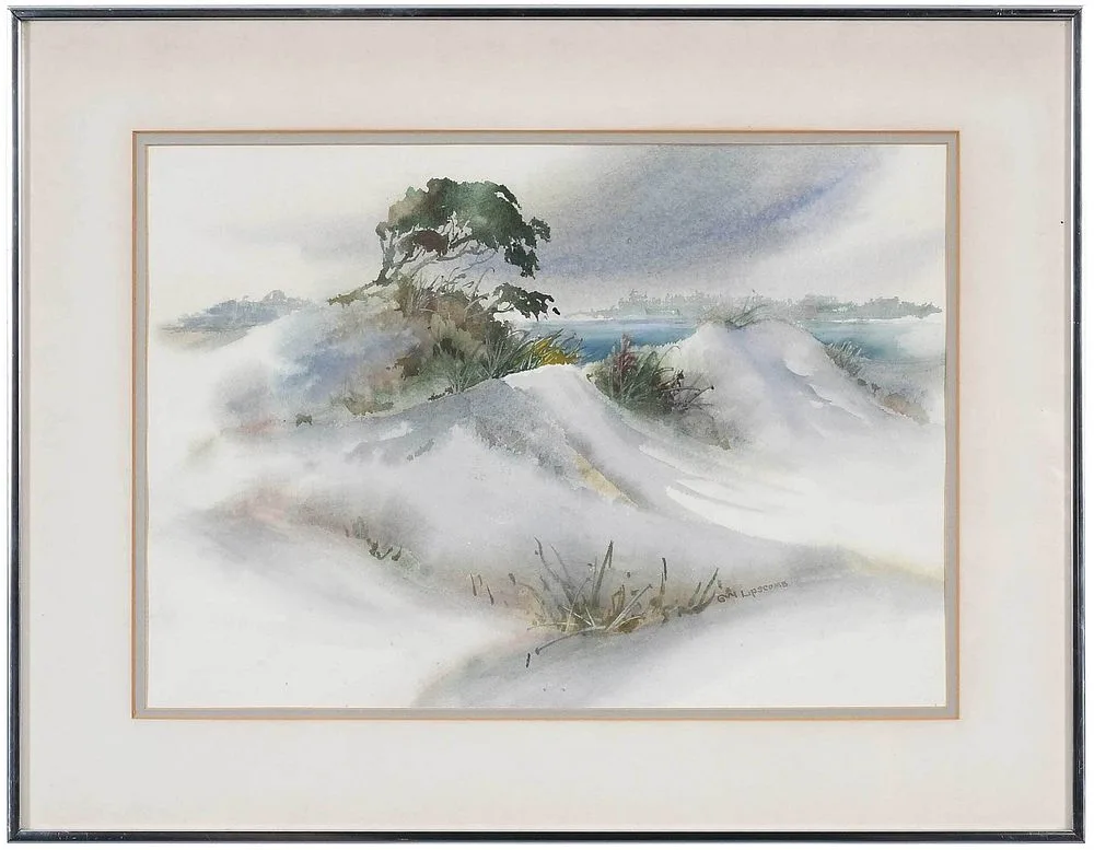 ÿBeach Scene by Guy Lipscomb, watercolor on paper, sold Sep 2021