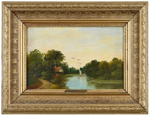 George Vicat Cole, Cottage and Boat on a River, 1877, oil on paperboard