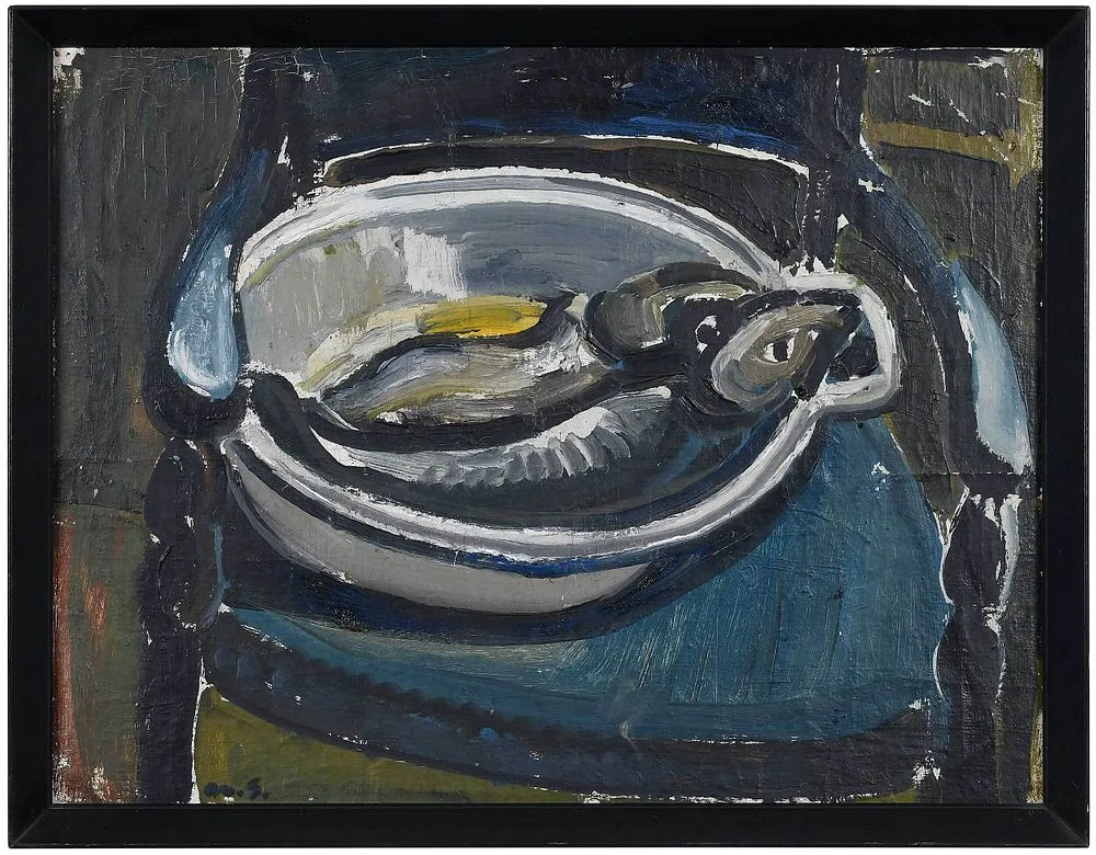Still Life with Fish by Aage Schad, oil on canvas board, sold Sep 2021