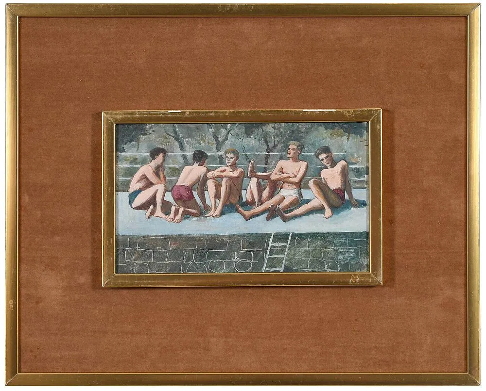 Guy Warsdell, Swimmers, Box Hill Pool, Surrey, circa 1947-1949, oil on panel