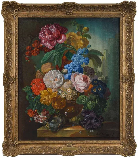 Jan Van Doust, Floral Still Life with Nest on a Ledge, oil on canvas