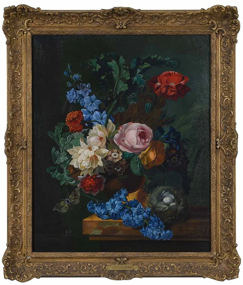 Jan Van Doust, Floral Still Life with Nest on a Ledge, oil on canvas