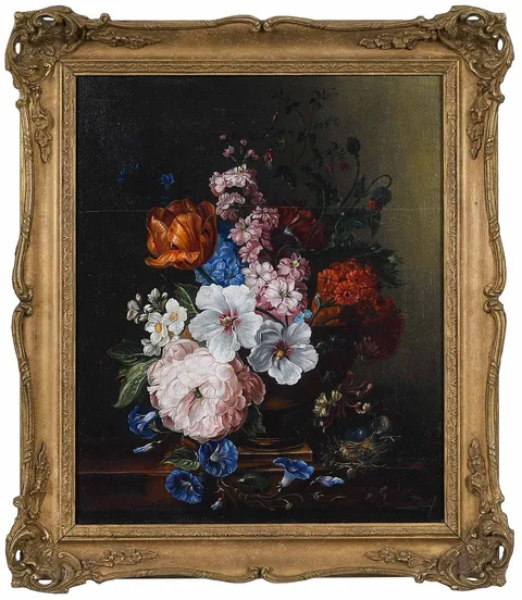 Jan Van Doust, Floral Still Life with Nest on a Table Top, oil on canvas